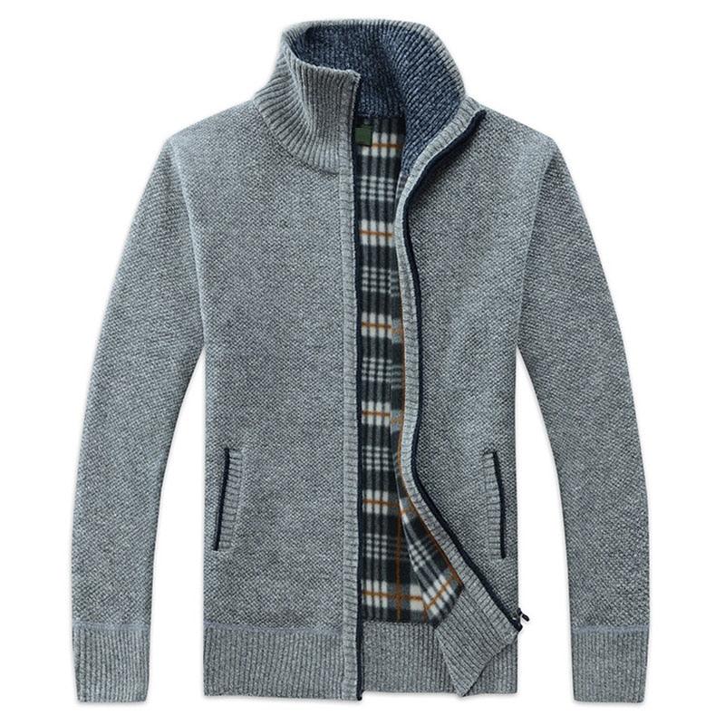 Gray men's cardigan jacket by Stevvex, zip front, rib collar, plaid lining, side pockets on Tampa Home & Garden Store