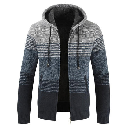 Stevvex men's hooded cardigan with zip front fleecelined hood navy grey stripes pockets on Tampa Home & Garden Store