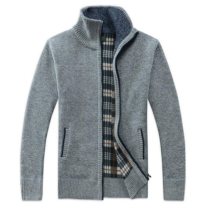 Men's grey knit cardigan by Stevvex with zip front and plaid lining, front pockets on Tampa Home & Garden Store