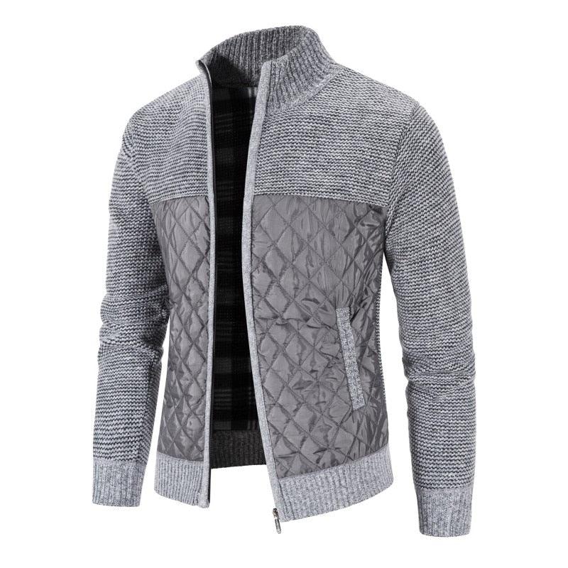 Men's quilted front cardigan jacket in gray with knit sleeves, zip closure, ribbed cuffs on Tampa Home & Garden Store