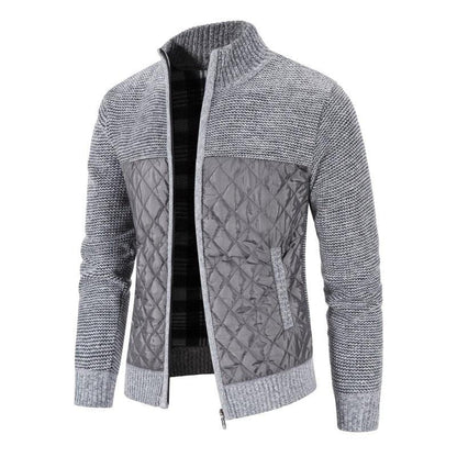 Men's quilted front cardigan jacket in gray with knit sleeves, zip closure, ribbed cuffs on Tampa Home & Garden Store