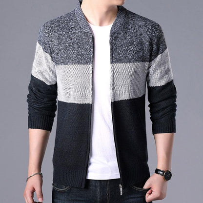Stevvex men's color-block cardigan jacket in dark navy gray and black with ribbed cuffs on Tampa Home & Garden Store