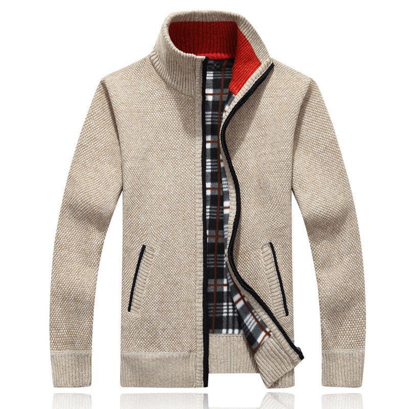 Stevvex men's beige knitted cardigan jacket with zip front, black trim, red collar lining and plaid lining on Tampa Home & Garden Store