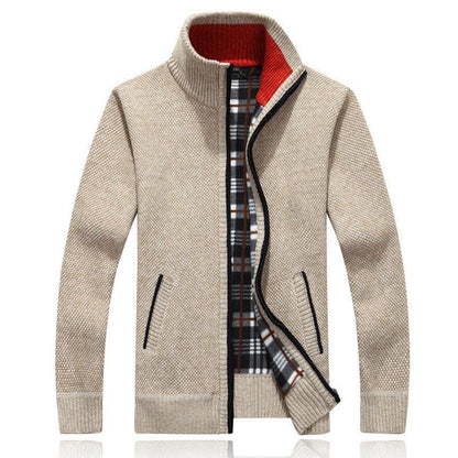 Stevvex men's beige knitted cardigan jacket with zip front, black trim, red collar lining and plaid lining on Tampa Home & Garden Store