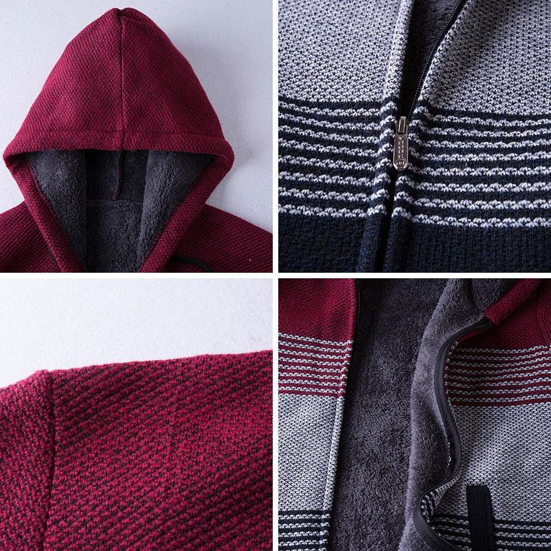 Stevvex men's burgundy hooded fleece cardigan jacket with zip and striped knit panels on Tampa Home & Garden Store