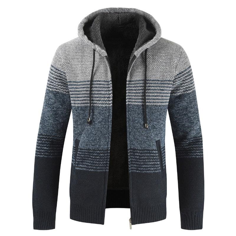 Men's hooded cardigan jacket by Stevvex in navy gray knit with gradient stripes and zip pockets on Tampa Home & Garden Store
