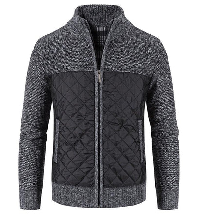 Stevvex men's quilted cardigan jacket with black diamond front and gray sleeves front-zip on Tampa Home & Garden Store