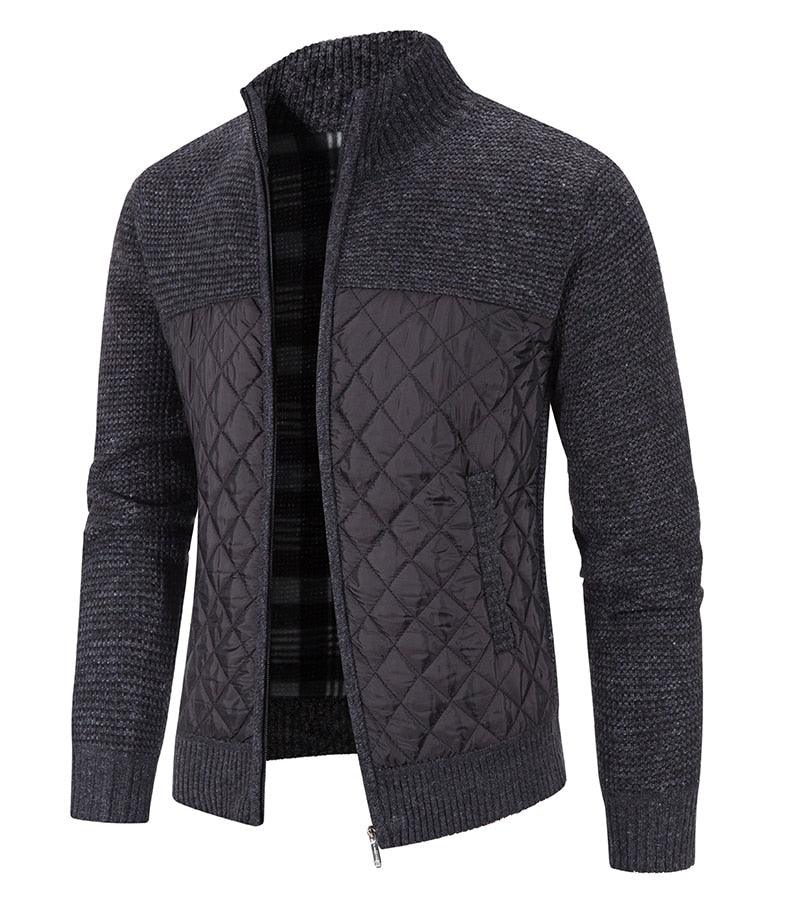 Stevvex men's quilted cardigan jacket in charcoal with knit sleeves and zip front on Tampa Home & Garden Store