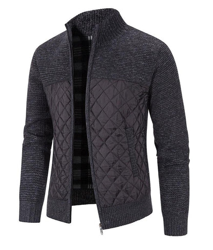 Stevvex men's quilted cardigan jacket in charcoal with knit sleeves and zip front on Tampa Home & Garden Store