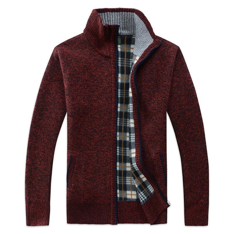 Men's burgundy knit cardigan with zip front and plaid inner lining on Tampa Home & Garden Store