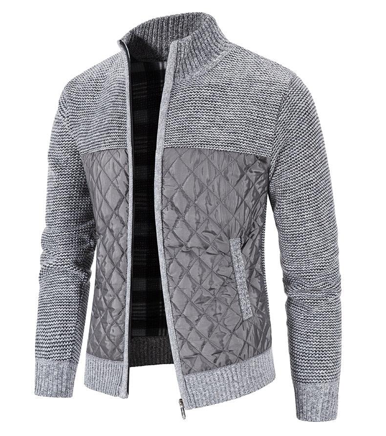 Stevvex men's quilted cardigan jacket with grey knit sleeves, zip front, ribbed cuffs/hem on Tampa Home & Garden Store
