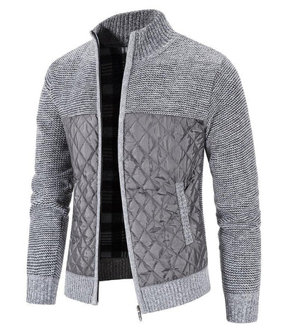 Stevvex men's quilted cardigan jacket with grey knit sleeves, zip front, ribbed cuffs/hem on Tampa Home & Garden Store