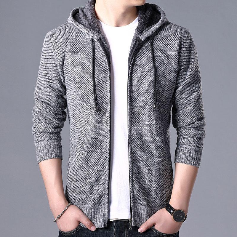 Stevvex men's grey knit zip-up hooded cardigan with drawstrings on Tampa Home & Garden Store