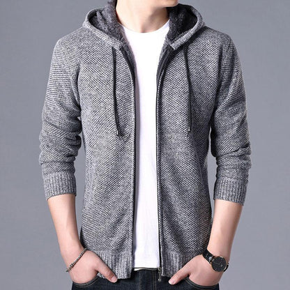 Stevvex men's grey knit zip-up hooded cardigan with drawstrings on Tampa Home & Garden Store
