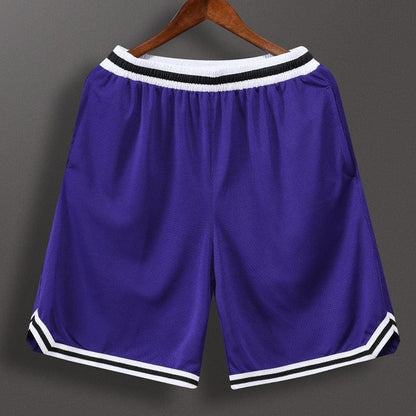 Stevvex men's purple basketball shorts with white black striped waistband and cuff trim on Tampa Home & Garden Store
