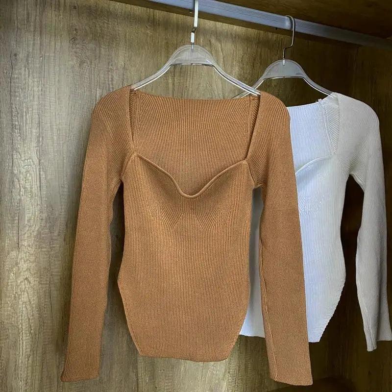 Stevvex square-neck long-sleeve knitted pullover sweaters, brown and white, two on hangers on Tampa Home & Garden Store