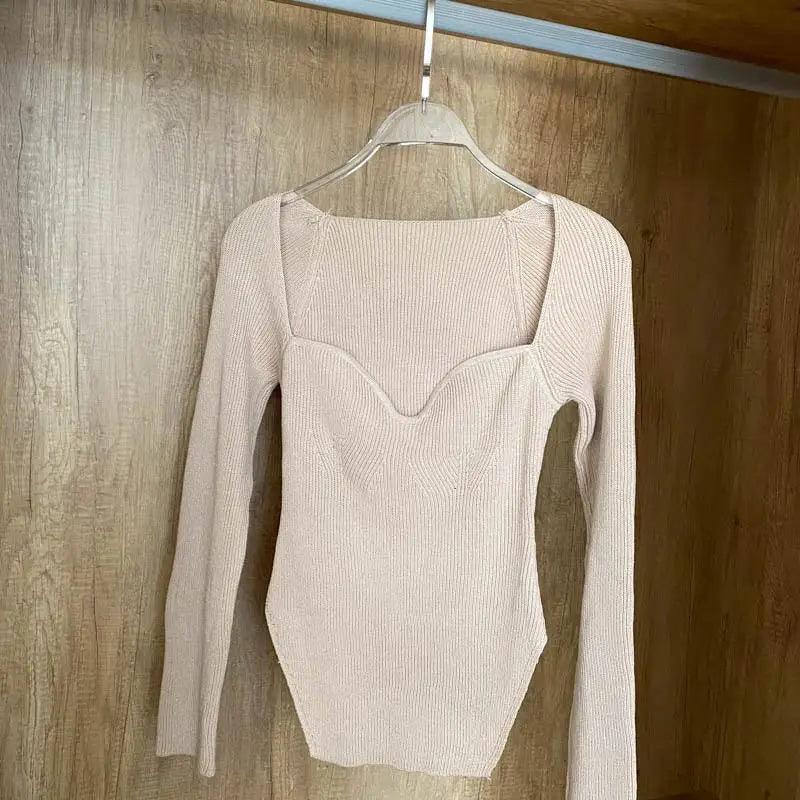 Stevvex beige ribbed knit sweater with square collar, long sleeves on hanger on Tampa Home & Garden Store