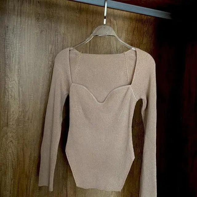 Stevvex square-collar knit pullover sweater, beige long sleeves on Tampa Home & Garden Store