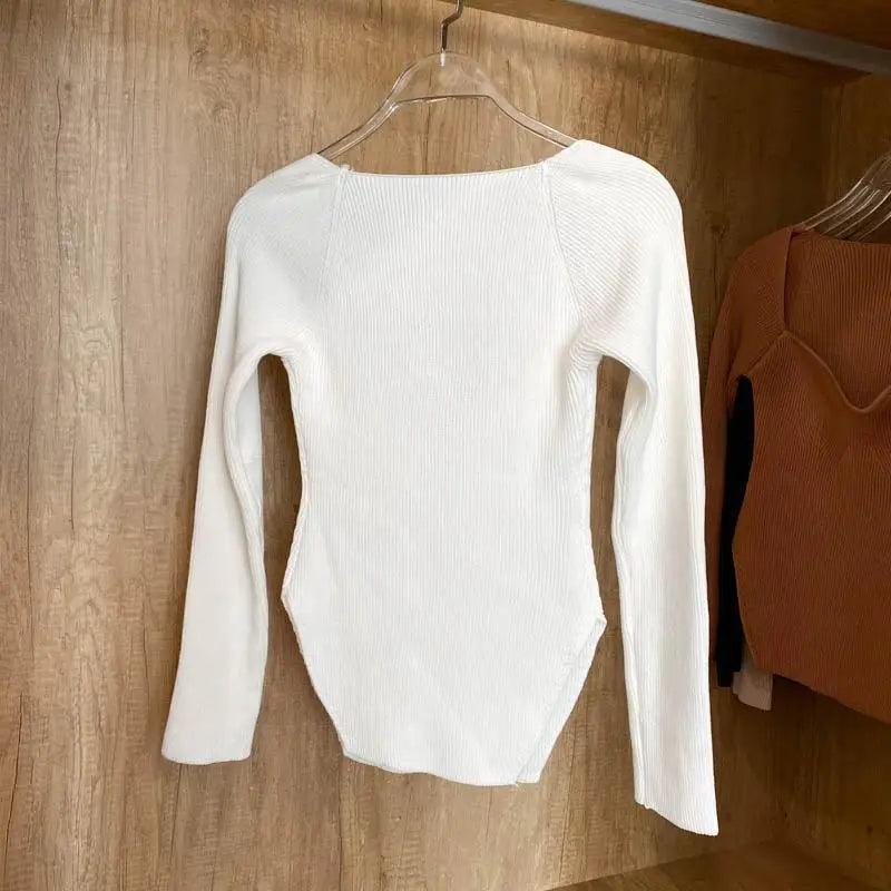 Sweater Stevvex white ribbed knit square-collar with long sleeves on Tampa Home & Garden Store