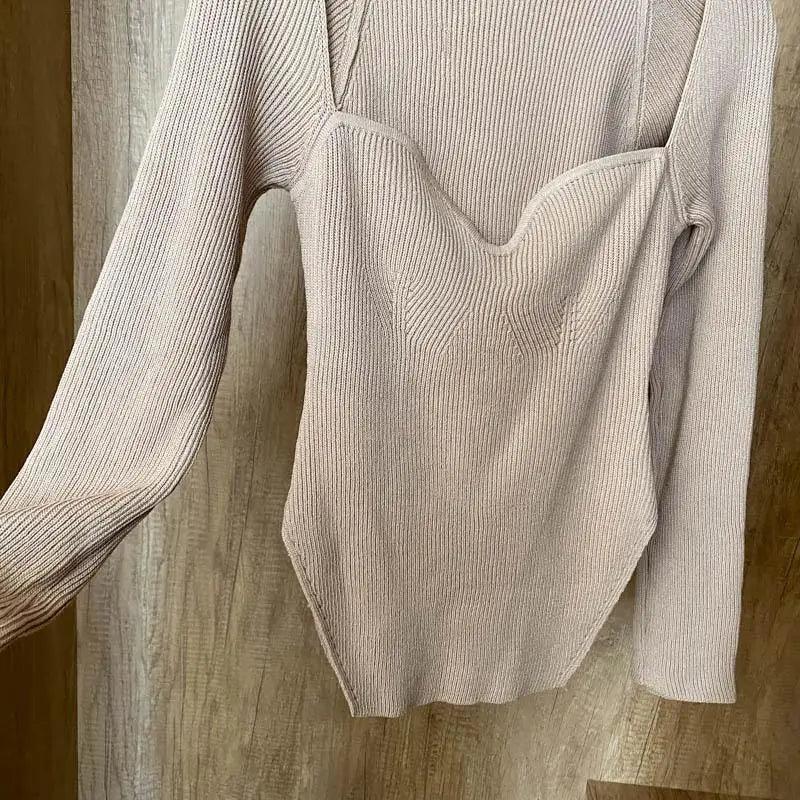 Stevvex beige ribbed knit sweater for women with layered front panel and long sleeves on Tampa Home & Garden Store
