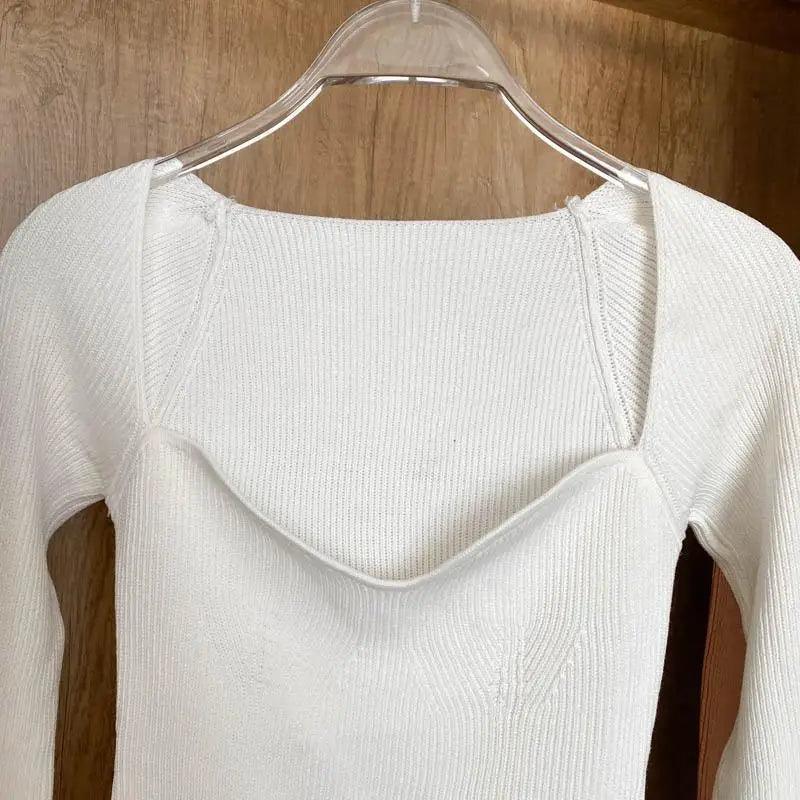 Stevvex white knitted sweater with square collar and layered neckline, long sleeves on Tampa Home & Garden Store