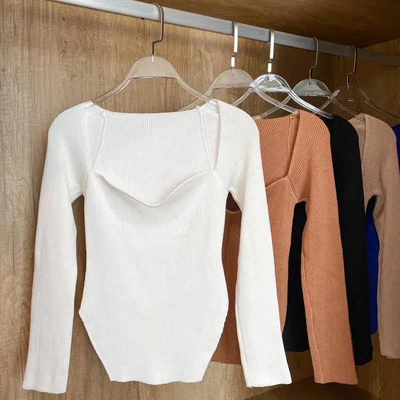 Square-collar ribbed knit sweater white long-sleeve pullover on hanger on Tampa Home & Garden Store