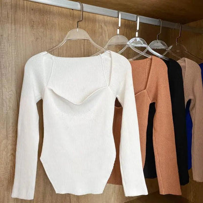 Square-collar ribbed knit sweater white long-sleeve pullover on hanger on Tampa Home & Garden Store