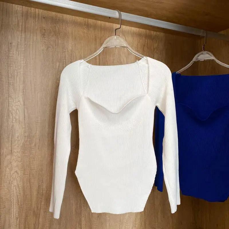 White square-collar knit pullover, women's Stevvex sweater, long sleeves; 2 on display on Tampa Home & Garden Store