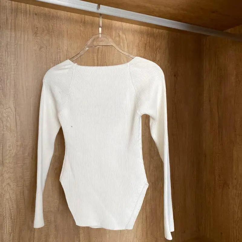 Stevvex white ribbed knit square-collar pullover sweater, long sleeves on Tampa Home & Garden Store