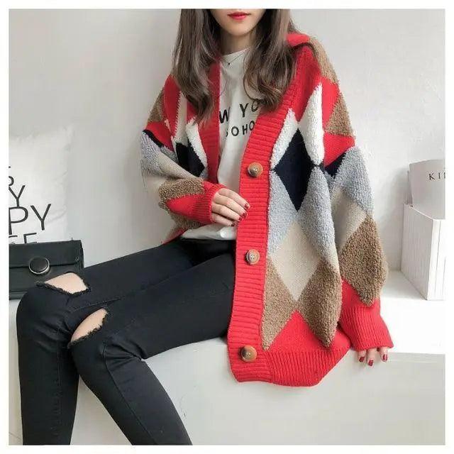 Stevvex women's knit cardigan in red beige argyle with wooden buttons, mid-length on Tampa Home & Garden Store