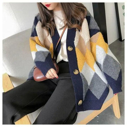 Stevvex women's knit cardigan with navy, yellow, gray argyle pattern and large buttons on Tampa Home & Garden Store