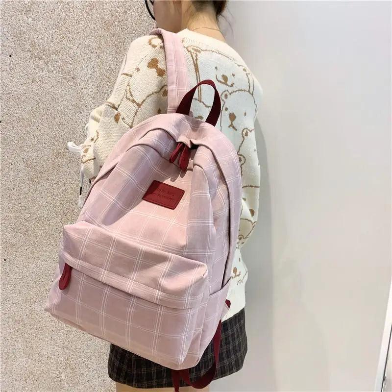 Stevvex pink plaid school backpack with front pocket and red zipper pulls worn by a student on Tampa Home & Garden Store