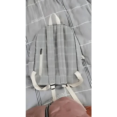 Striped plaid school backpack by Stevvex with white straps and front zip pocket grey tones on Tampa Home & Garden Store