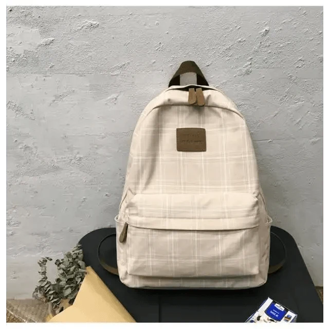 Stevvex ALU92976DEF beige plaid school backpack with front pocket and brown leather patch on Tampa Home & Garden Store