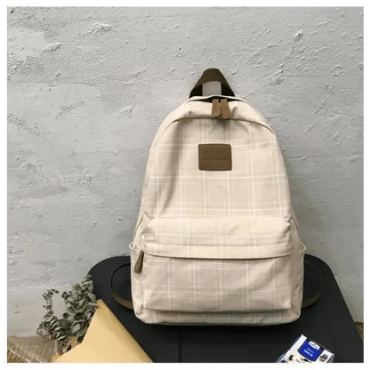 Stevvex ALU92976DEF beige plaid school backpack with front pocket and brown leather patch on Tampa Home & Garden Store