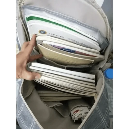 Stevvex casual school backpack gray plaid exterior with organized folders and notebooks inside on Tampa Home & Garden Store