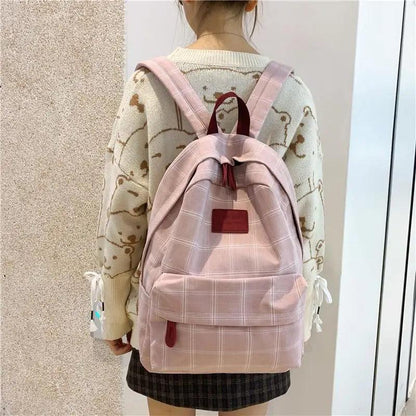 Stevvex pink plaid school backpack with front pocket on Tampa Home & Garden Store