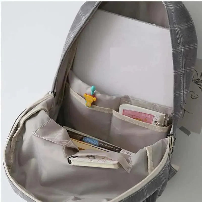 Stevvex ALU92976DEF school backpack, gray plaid, opened to show inner pockets and card slots on Tampa Home & Garden Store