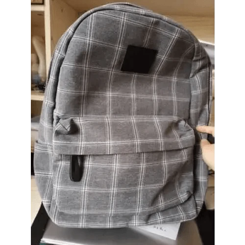 Stevvex gray plaid school backpack with front zip pocket and top handle on Tampa Home & Garden Store