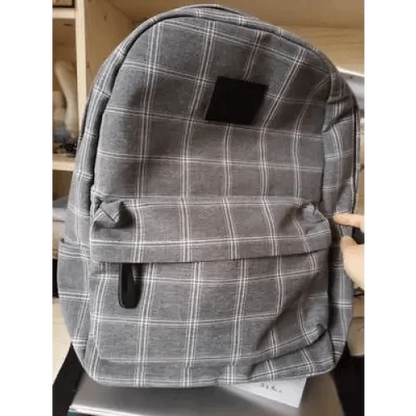Stevvex gray plaid school backpack with front zip pocket and top handle on Tampa Home & Garden Store