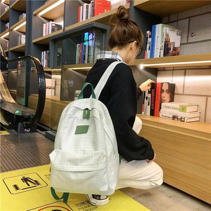 Stevvex striped plaid school backpack for women, light gray with green accents in a bookstore on Tampa Home & Garden Store