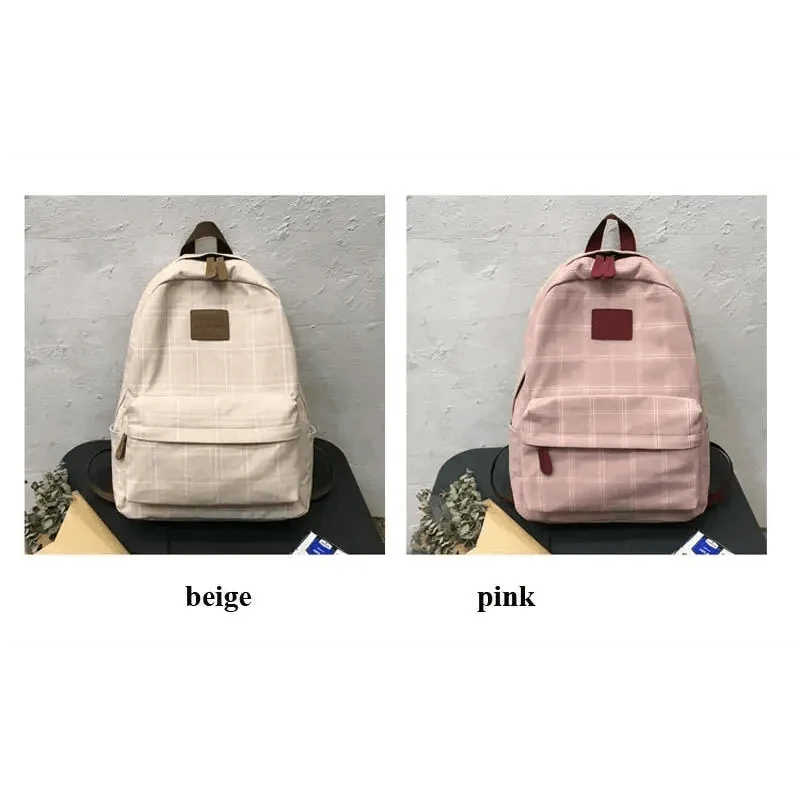 Stevvex school backpack beige plaid and pink plaid with front pocket, two backpacks shown on Tampa Home & Garden Store