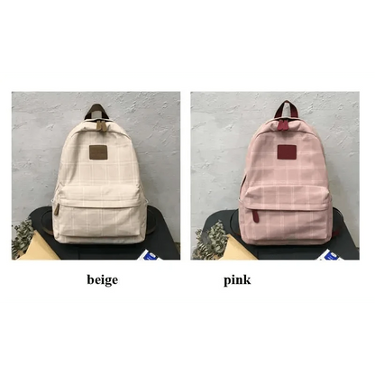 Stevvex school backpack beige plaid and pink plaid with front pocket, two backpacks shown on Tampa Home & Garden Store