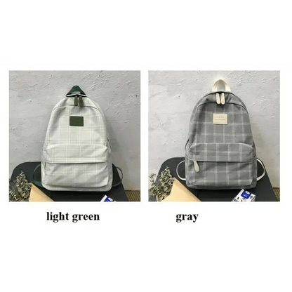 Stevvex striped plaid backpacks, two light green and gray, front pocket, top handle on Tampa Home & Garden Store