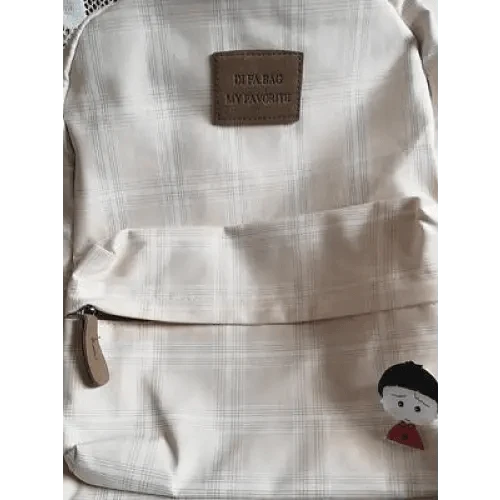 Stevvex beige plaid school backpack with front zip pocket, leather pull and cute patch on Tampa Home & Garden Store