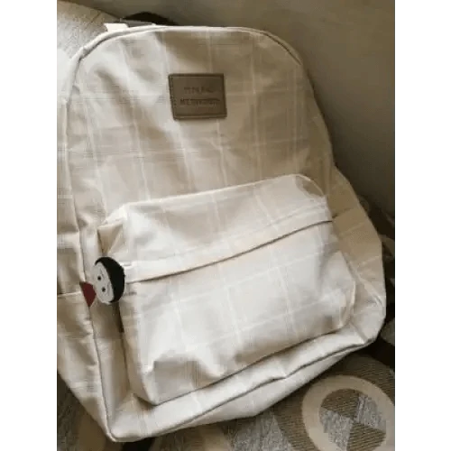 New beige plaid casual school backpack by Stevvex with front zip pocket and panda charm on Tampa Home & Garden Store