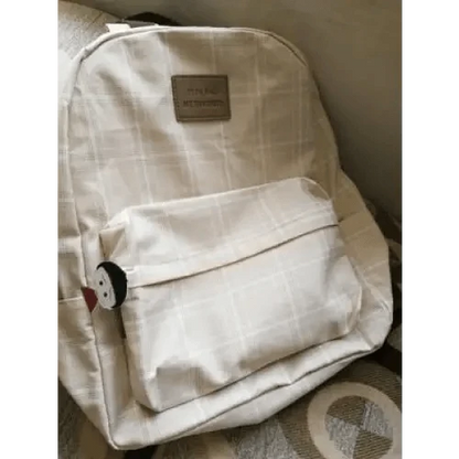 New beige plaid casual school backpack by Stevvex with front zip pocket and panda charm on Tampa Home & Garden Store