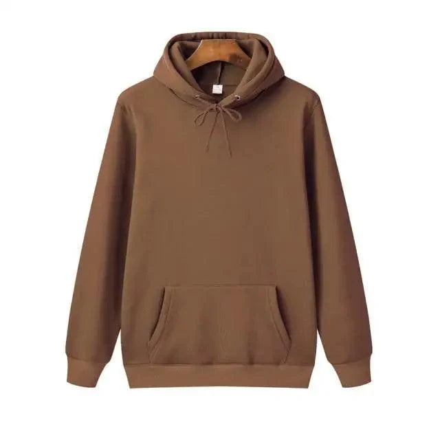 Stevvex brown fleece hoodie pullover with front kangaroo pocket and drawstring hood on Tampa Home & Garden Store
