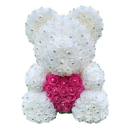 Stevvex 40cm white rose bear with pink heart, crystal-embellished artificial flower teddy on Tampa Home & Garden Store