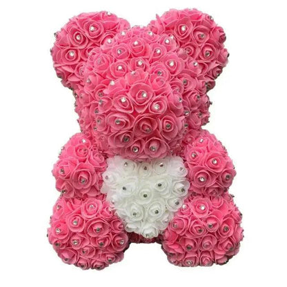 Rose bear Stevvex 40cm pink diamond rose teddy with white rose belly and crystal accents on Tampa Home & Garden Store